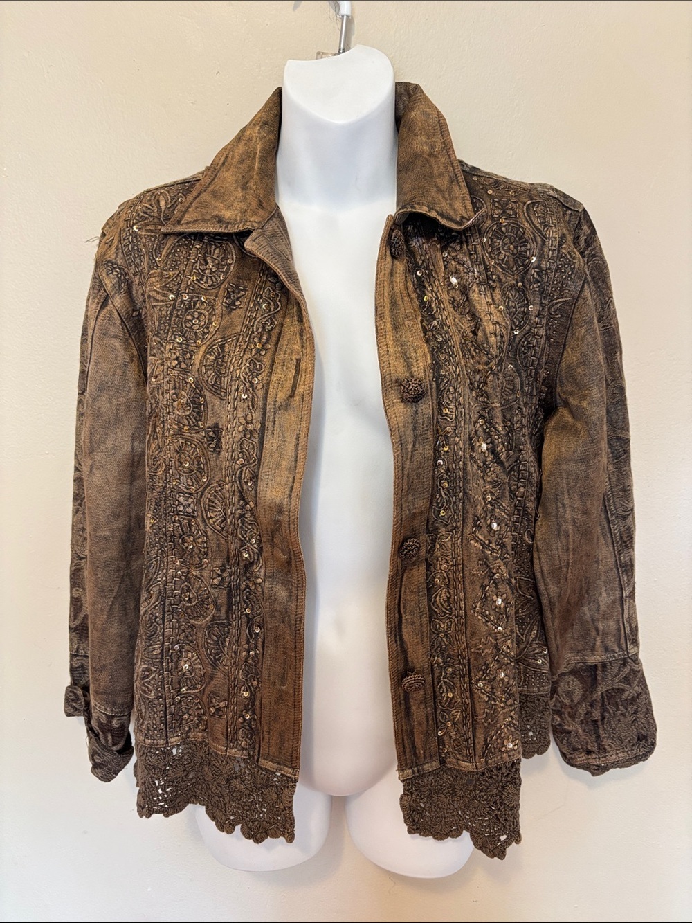 Brown Embroidered Women’s Jean Jacket with Crochet Hem
